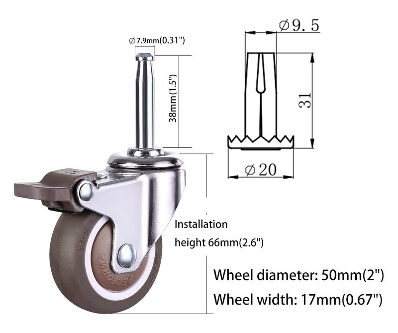 nerilee 2 Inch Rubber Caster Wheel Set of 4（with Brake） with 5/16" x 1-1/2" (8 x 38mm) Stem and 20mm Dia Sockets, for Furniture Crib Trolley Dining Car Casters - Image 4